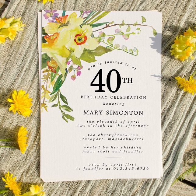 Rustic Boho Yellow Daffodil 40th Birthday Invitation (Creator Uploaded)
