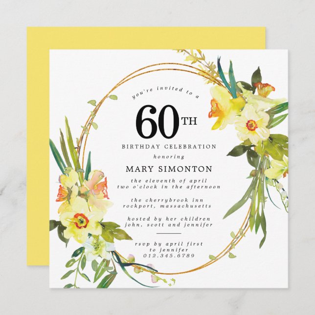 Rustic Boho Yellow Daffodil 60th Birthday Invitation (Front/Back)