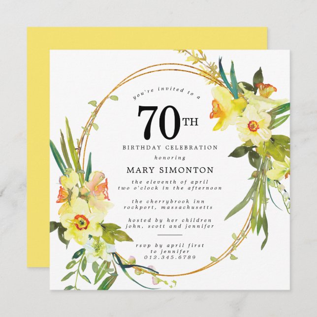 Rustic Boho Yellow Daffodil 70th Birthday Invitation (Front/Back)