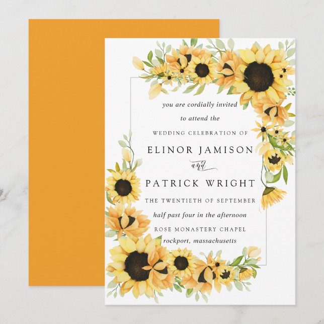 Rustic Boho Yellow Sunflower Summer Wedding Invitation (Front/Back)