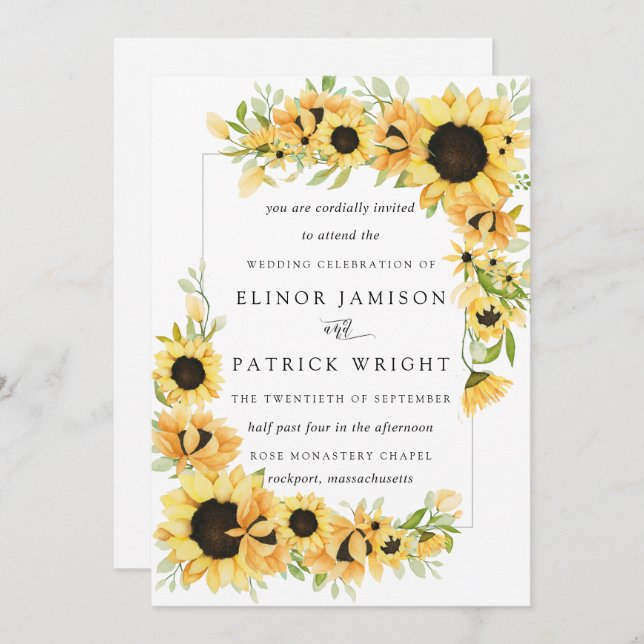 Rustic Boho Yellow Sunflower Summer Wedding Invitation (Front/Back)