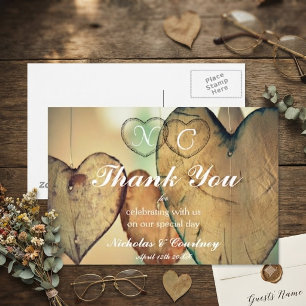 Rustic Bokeh Hearts Wedding Thank You Card
