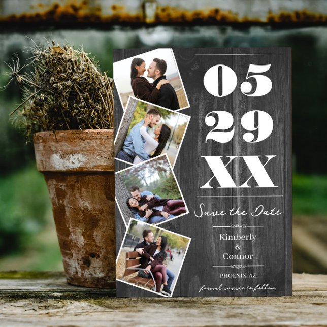 Rustic Bold Four Photo Save the Date | Grey (Gray Rustic Bold Four Photo Save the Date)