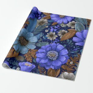 Rustic Bold Navy Blue Botanical Floral Vintage Wrapping Paper