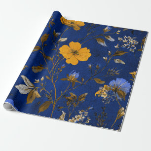 Rustic Bold Navy Blue Botanical Floral Vintage Wrapping Paper