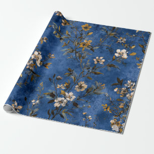 Rustic Bold Navy Blue Botanical Floral Vintage Wrapping Paper