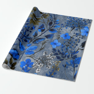 Rustic Bold Navy Blue Botanical Floral Vintage Wrapping Paper