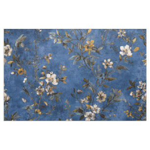 Rustic Bold Navy Blue Botanical Vintage Floral Fabric