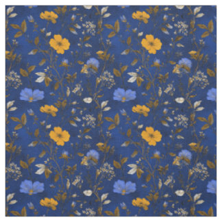 Rustic Bold Navy Blue Botanical Vintage Floral Fabric