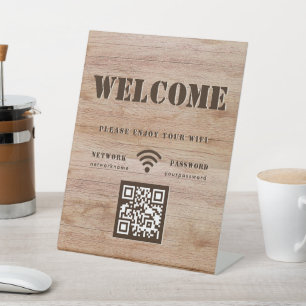 Rustic Bold Wood Grain Welcome WIFI QR Code Pedestal Sign