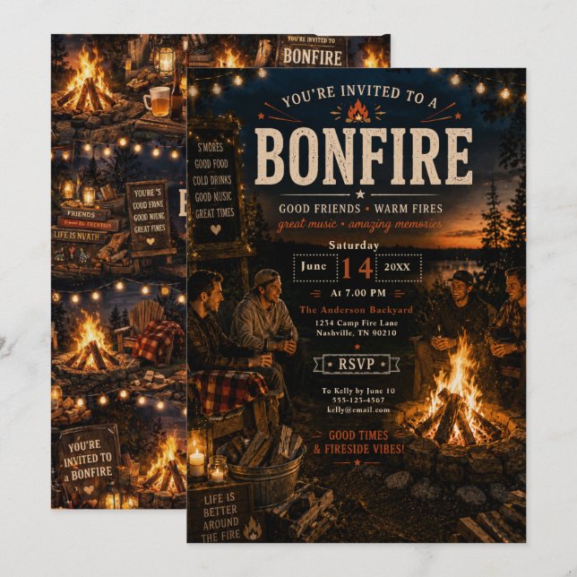 Rustic Bonfire Gathering Invitation (Front/Back)