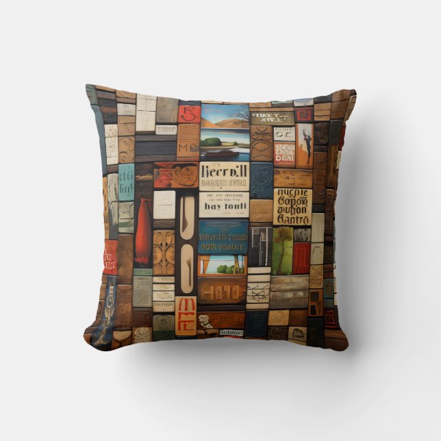 Rustic Book and Sign Typography Art Collage Cushion (Front)
