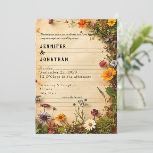 Rustic Book Lovers Print Floral Wedding Invitation