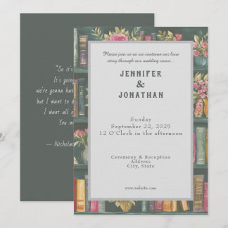 Rustic Book Lovers Print Floral Wedding Invitation