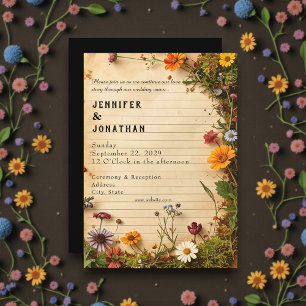 Rustic Book Lovers Print Floral Wedding Invitation