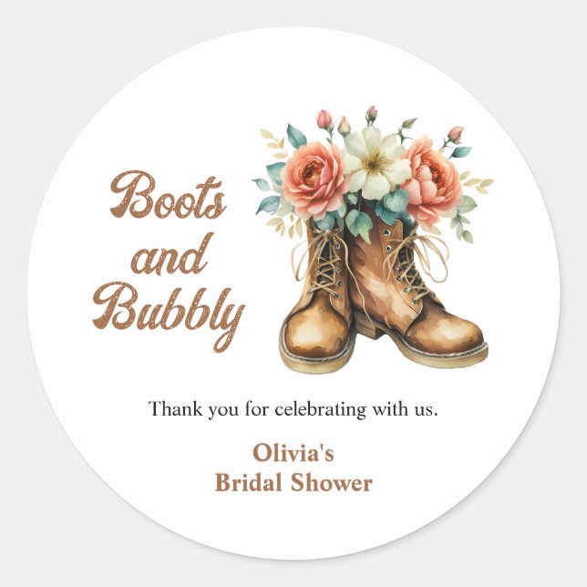 Rustic Boots and Bubbly Western Bridal Shower  Classic Round Sticker (Front)