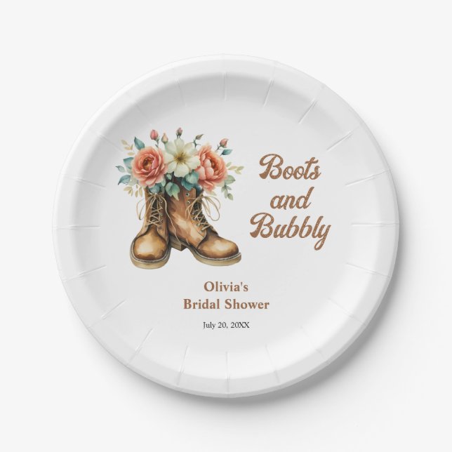 Rustic Boots and Bubbly Western Bridal Shower  Paper Plate (Front)