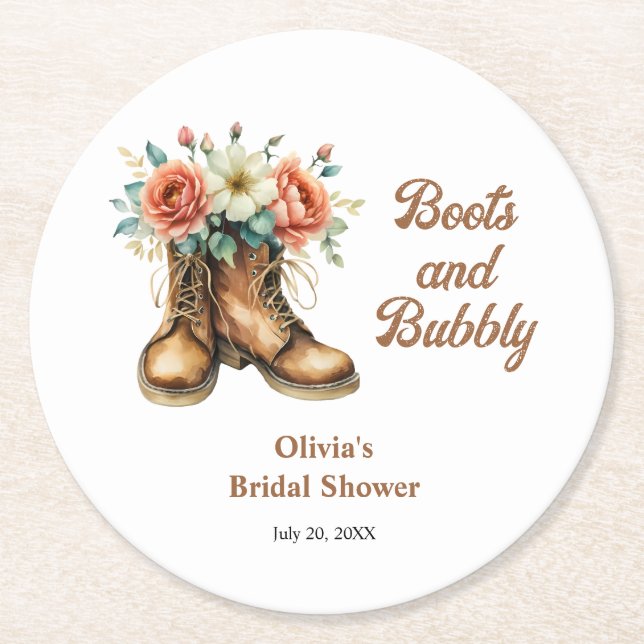 Rustic Boots and Bubbly Western Bridal Shower  Round Paper Coaster (Front)
