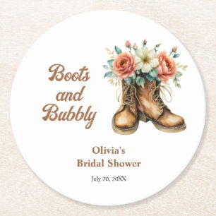 Rustic Boots and Bubbly Western Bridal Shower  Round Paper Coaster