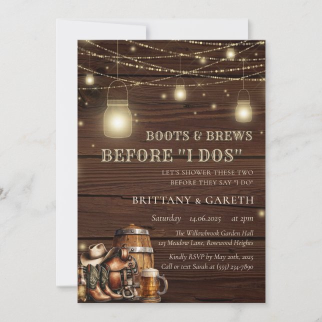 Rustic Boots & Brews Before I Dos Country Barn Invitation (Front)