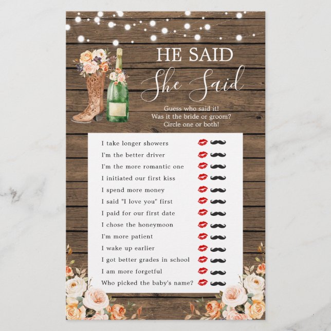 Rustic Boots & Bubbly He Said She Said Game (Front)