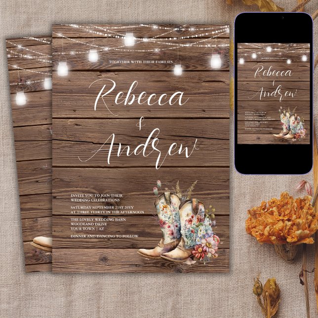 Rustic Boots Cowboy Cowgirl Floral Lights Wedding  Invitation (Creator Uploaded)