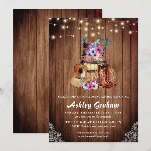 Rustic Boots Cowgirl Quinceañera 15th Birthday Invitation (Front/Back)