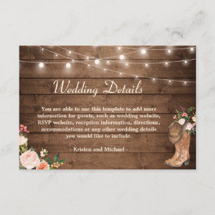 Rustic Boots Floral String Lights Wedding Details Enclosure Card