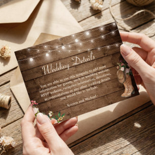 Rustic Boots Floral String Lights Wedding Details Enclosure Card