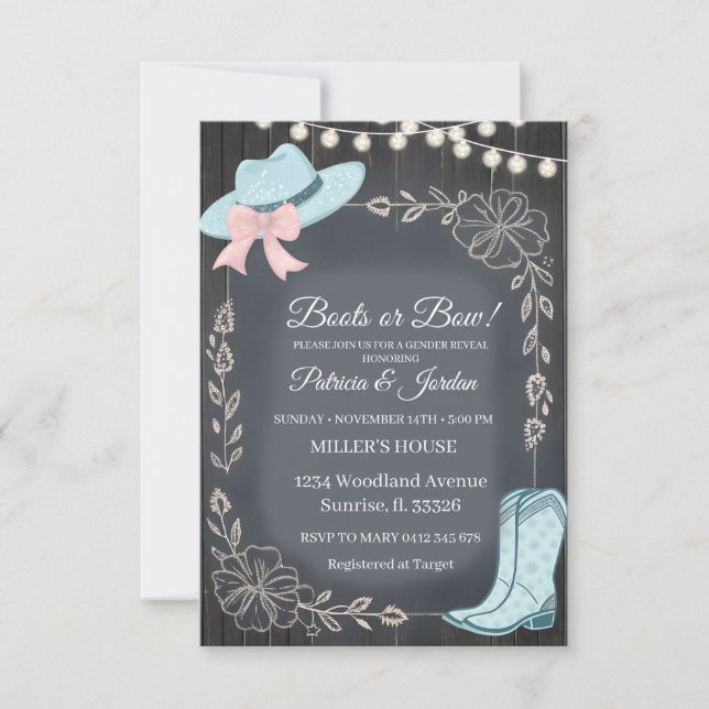 Rustic Boots or Bows Gender Reveal  Invitation (Front)