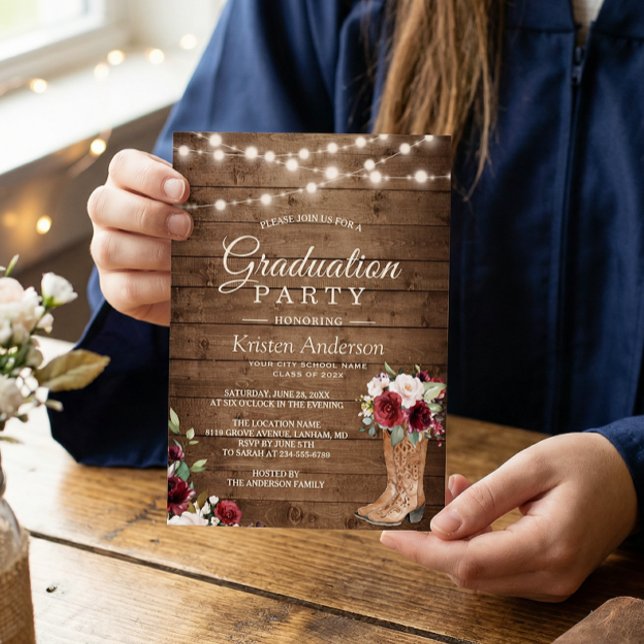 Rustic Boots Red Roses Floral  Graduation Party Invitation (Creator Uploaded)