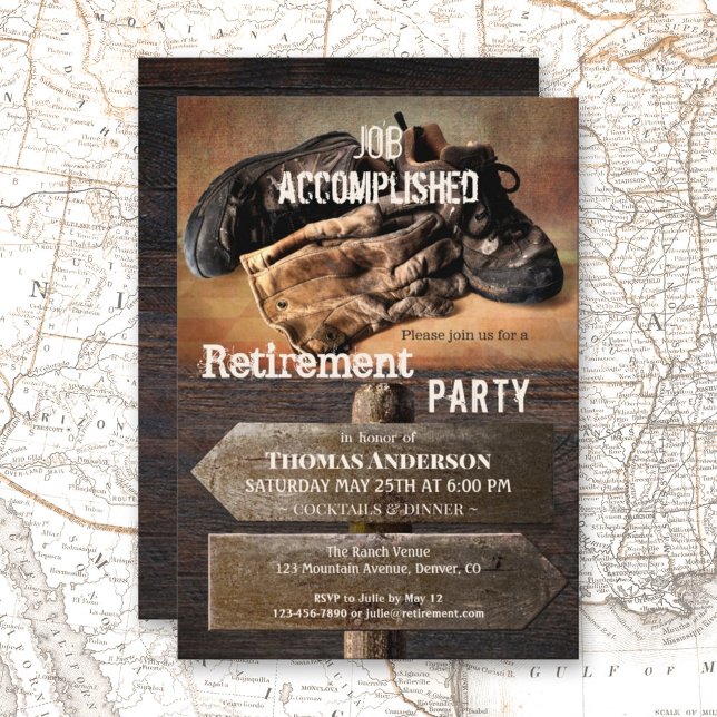 Rustic Boots Retirement Party Invitation (Retirement party invitation featuring old boots and gloves on a rustic weathered wood background.)