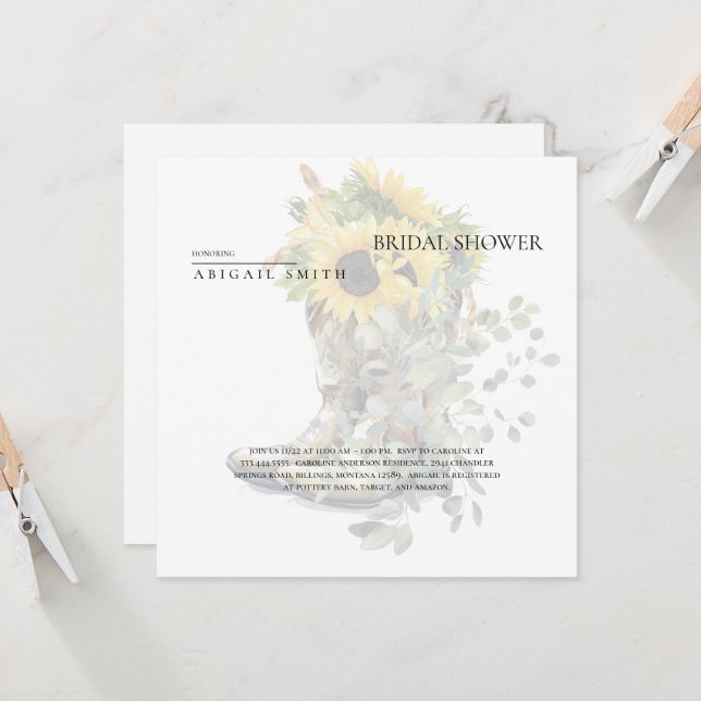 Rustic Boots & Sunflowers Modern Bridal Shower Invitation (Front/Back In Situ)