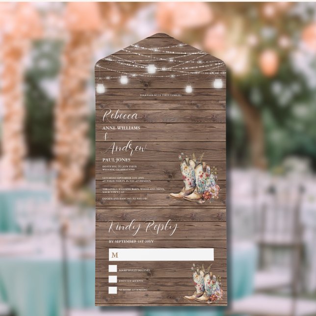 Rustic Boots Western Country String Lights Wedding All In One Invitation (Creator Uploaded)