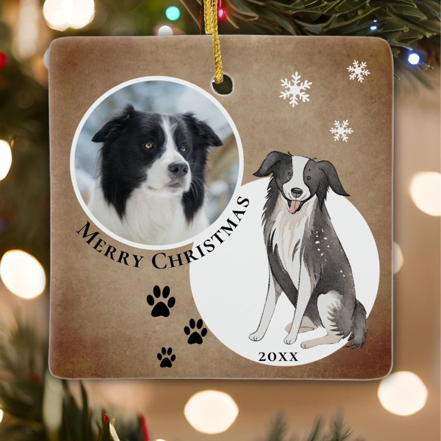 Rustic Border Collie Drawing Paw Merry Christmas Ceramic Ornament (Creator Uploaded)