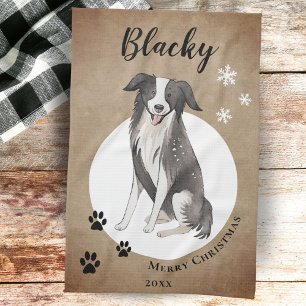 Rustic Border Collie Drawing Paw Merry Christmas Tea Towel