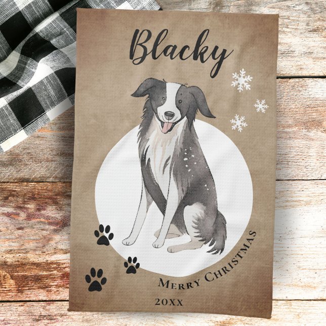 Rustic Border Collie Drawing Paw Merry Christmas  Tea Towel (Creator Uploaded)
