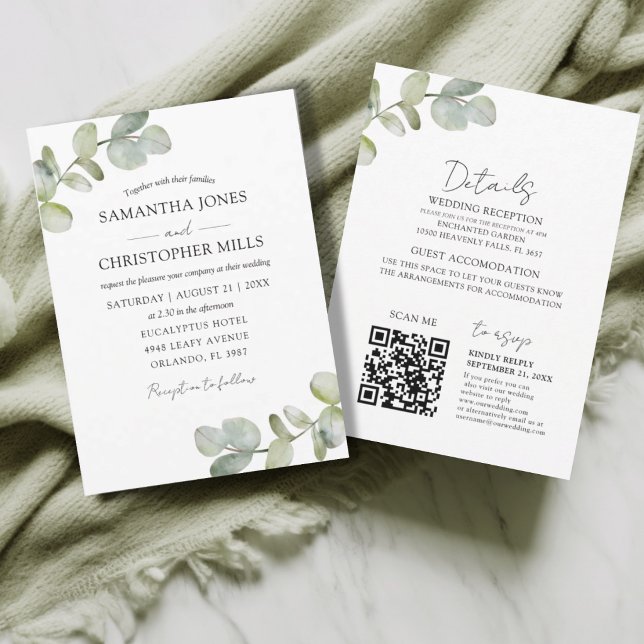 Rustic Botancial Eucalyptus QR Code Wedding Invitation (Creator Uploaded)