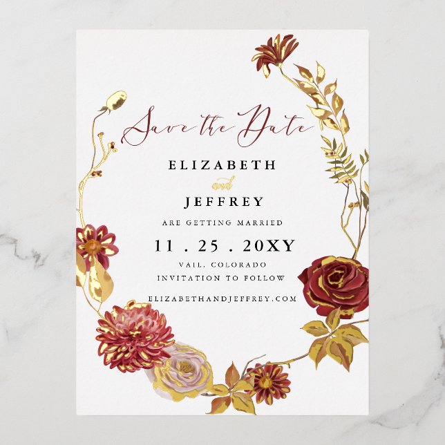 Rustic Botanical Autumn Fall Save The Date Foil Invitation Postcard (Front)