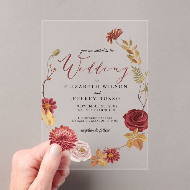 Rustic Botanical Autumn Fall Wedding Acrylic Invitations (Insitu (Handheld))