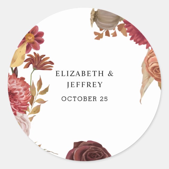 Rustic Botanical Autumn Fall Wedding  Classic Round Sticker (Front)