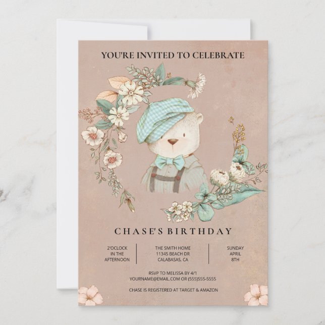 Rustic Botanical Baby Bear Birthday Invitation (Front)