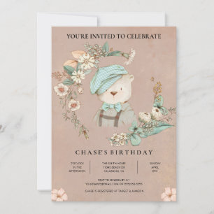 Rustic Botanical Baby Bear Birthday Invitation