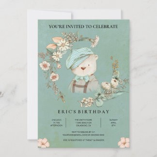 Rustic Botanical Baby Bear Birthday Invitation