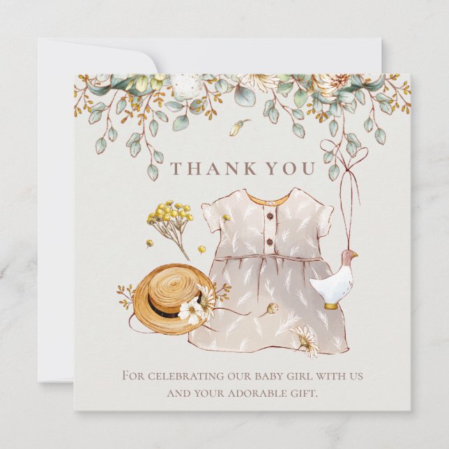 Rustic Botanical Baby Girl Shower Thank You Card (Front)