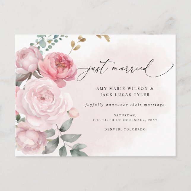 Rustic Botanical Blush Floral Wedding Announcement Postcard (Front)