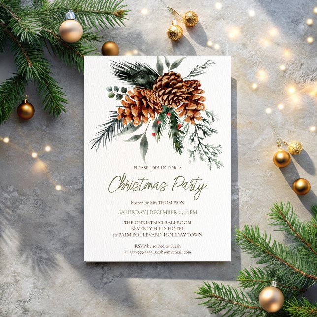 Rustic Botanical boho Christmas Party Invitation (Rustic Botanical bohemian  Christmas Party Invitation template pinecones pines winter composition)