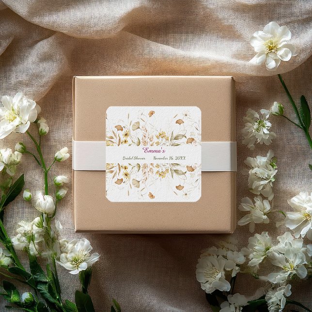Rustic Botanical Bridal Shower Customise Paper Square Sticker (Creator Uploaded)