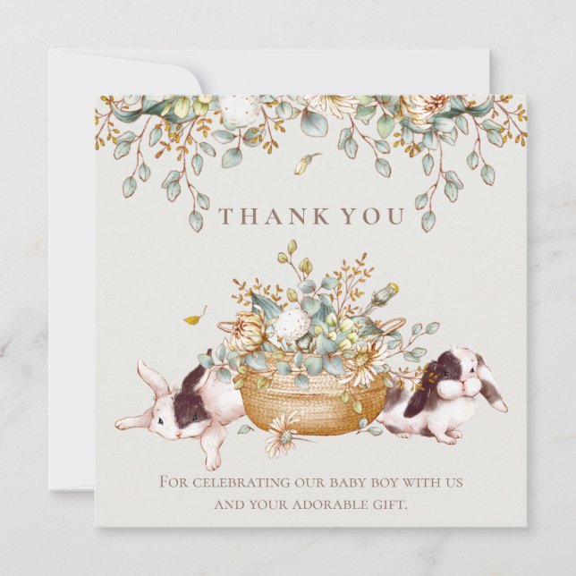 Rustic Botanical Bunny Baby Shower Thank You Card  (Front)
