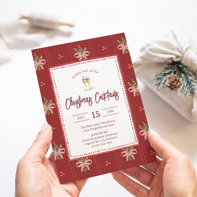 Rustic Botanical Christmas Party Invitation (Rustic Bows & Holly Christmas Botanicals Cocktail Party Invitation by Painted Paperie)